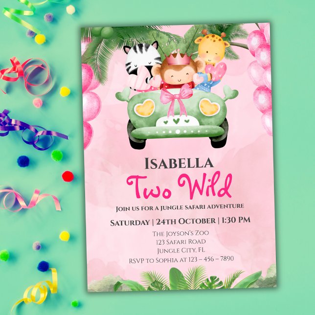 Invitation Two Wild Cute Safari Animals Girls 2nd Birthday  (Créateur téléchargé)