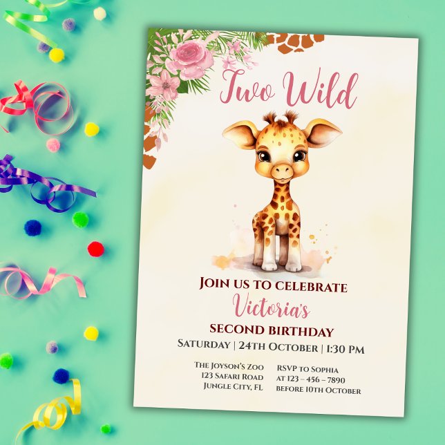 Invitation Two Wild Safari Cute Giraf Girl 2nd Birthday (Créateur téléchargé)