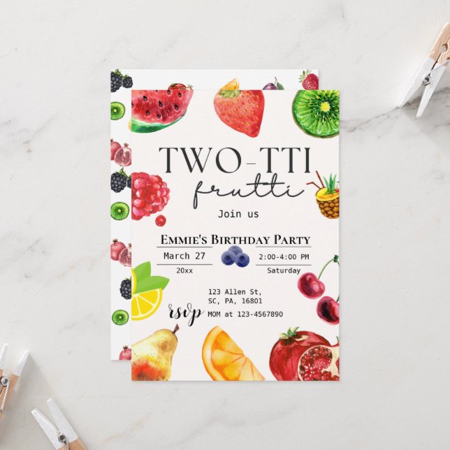 Invitation TWOtti Frutti Fruit tropical Été 2e anniversaire (Devant/Arrière en situation)