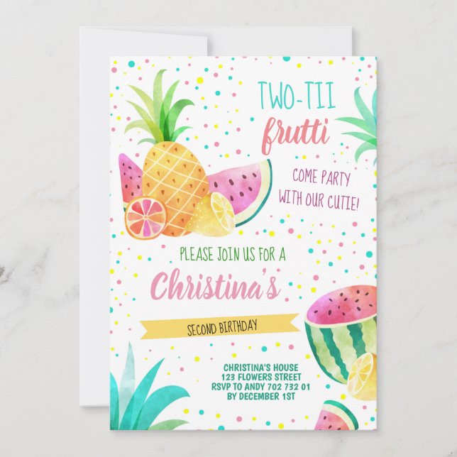 Invitation Twotti Frutti Girl 2e anniversaire Tropical été (Devant)