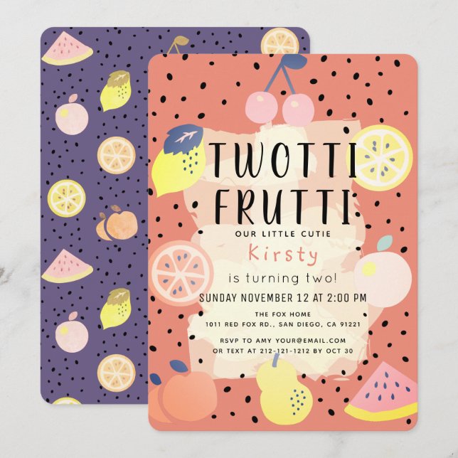 Invitation Twotti Frutti Orange Purple 2e anniversaire (Devant / Derrière)