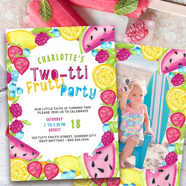 Invitation TWOtti Frutti Party 2e anniversaire Photo (Two-tti frutti such a cutie 2nd birthday invitation with photo on the back)