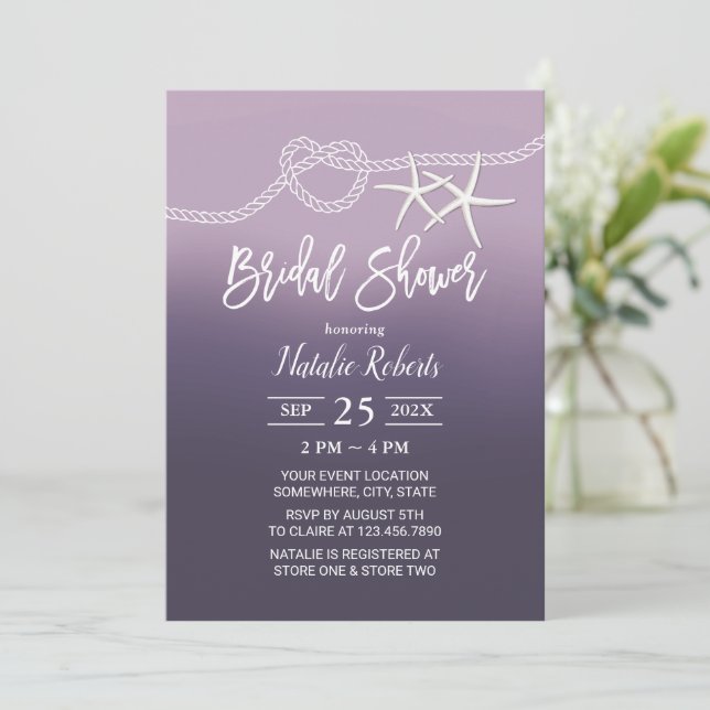 Invitation Tying Knot Beach Starfish Purple Fête des mariées (Debout devant)