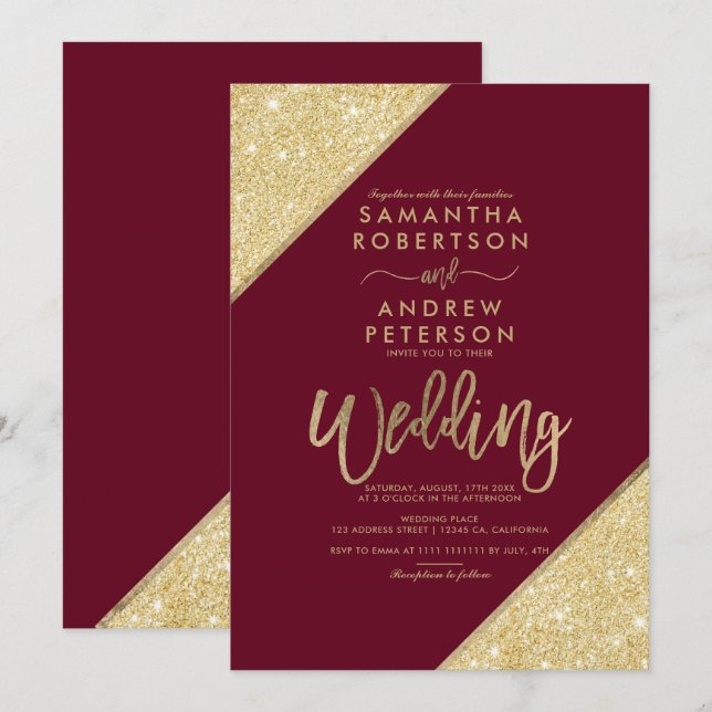 Invitation Typographie à bande d'or marsala rouge mariage (Devant / Derrière)