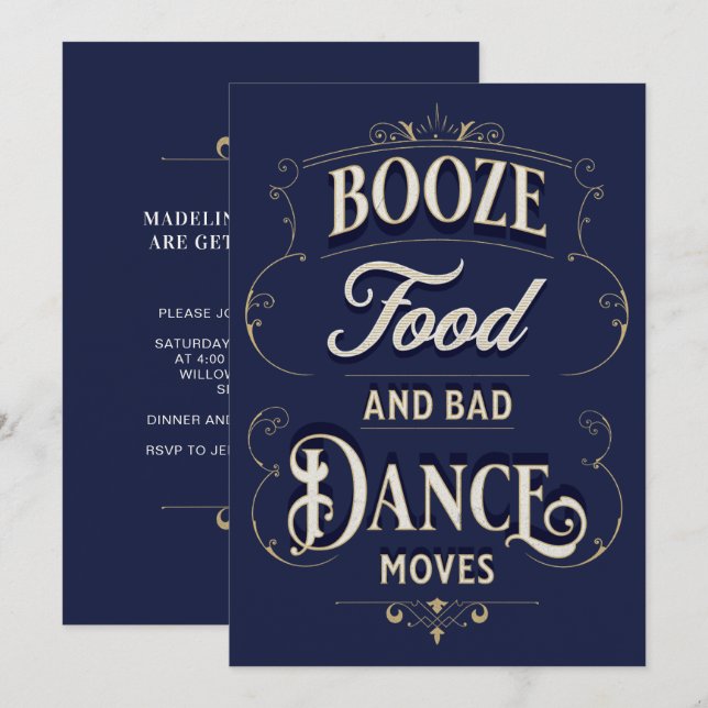 Invitation Typographie amusante Booze Dance alimentaire Démén (Devant / Derrière)