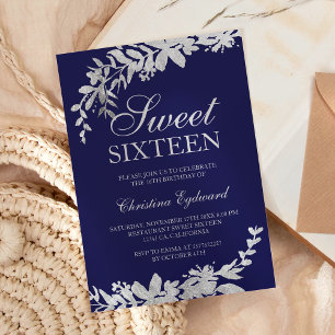 Invitation Typographie argent floral marine bleu chic Sweet 1