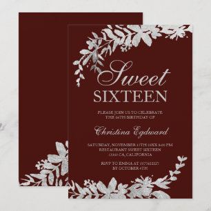Invitation Typographie argentée burgundy rouge floral Sweet 1