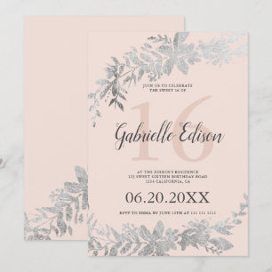 Invitation Typographie argentée Floral blush rose Sweet 16