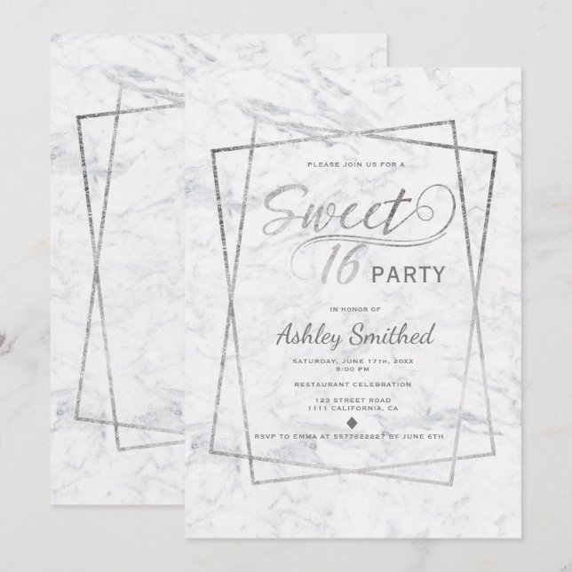 Invitation Typographie argentée moderne marbre Sweet 16 (Devant / Derrière)