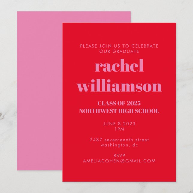 Invitation Typographie audacieuse Bright Rose Red Graduation  (Devant / Derrière)