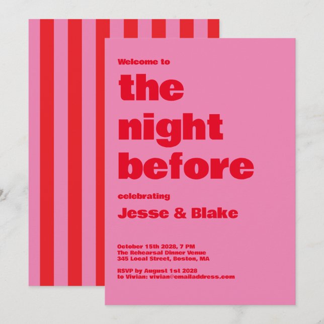Invitation Typographie audacieuse, mariage rose et rouge (Devant / Derrière)