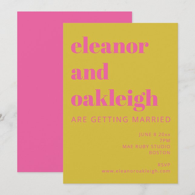 Invitation Typographie audacieuse rose vif Jaune Mariage mode (Devant / Derrière)