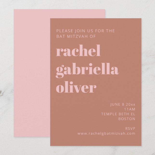Invitation Typographie audacieuse Terracotta et Bat mitzvah r (Devant / Derrière)