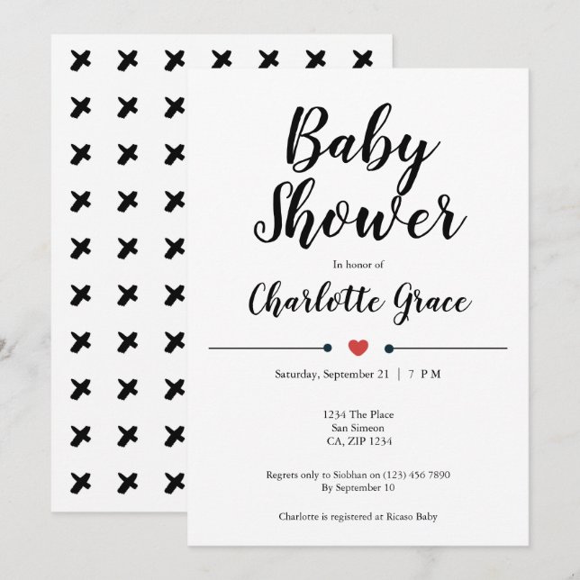 Invitation Typographie Baby shower noir blanc Coeur Baisers (Devant / Derrière)