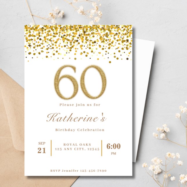 Invitation Typographie blanche et or 60e Anniversaire moderne (Créateur téléchargé)