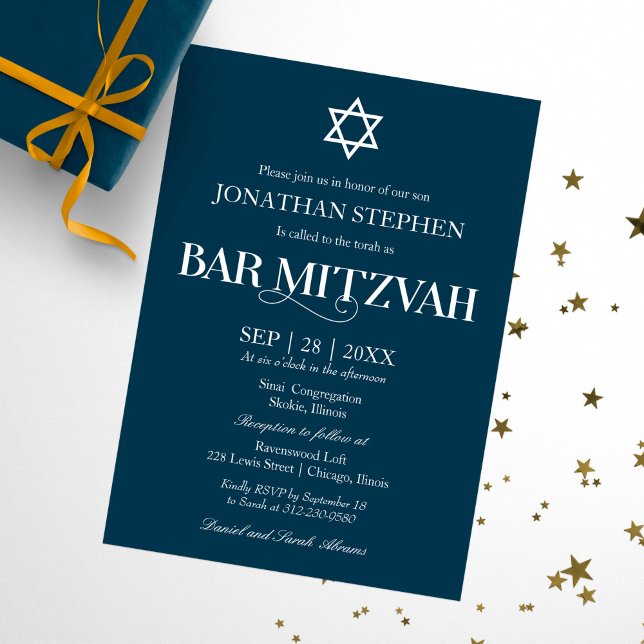 Invitation Typographie Blanche Moderne Sur Blue Bar Mitzvah (Créateur téléchargé)