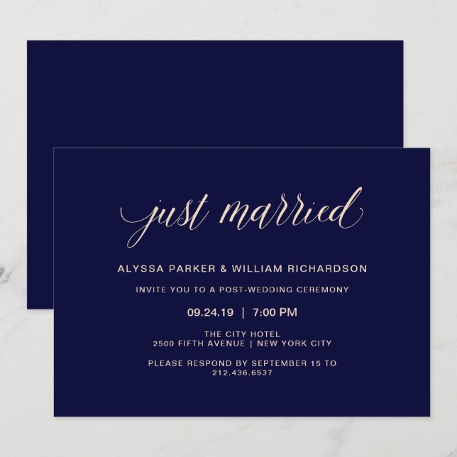 Invitation Typographie bleu marine et rose pâle | Marié (Devant / Derrière)