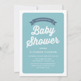 Invitation Typographie Bleu Rétro Script Baby shower classiqu