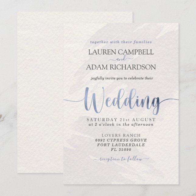 Invitation Typographie Bleue Dusty moderne Aquarelle Invitati (Devant / Derrière)