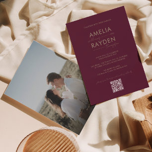 Invitation Typographie Bourgogne Script Photo Code QR Mariage