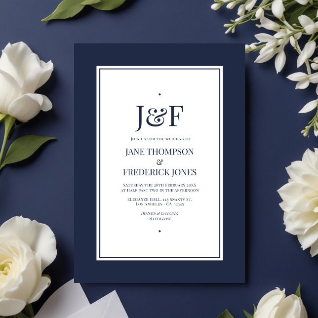 Invitation Typographie branchée Marine et Mariage blanc (Trendy Typography Navy and White Wedding Invitation)