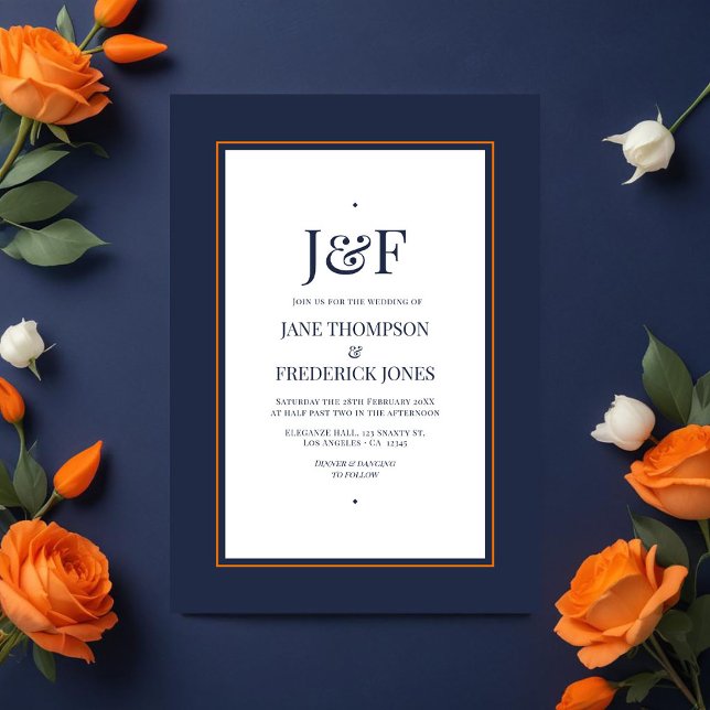 Invitation Typographie branchée Marine et Mariage orange (Navy and orange wedding)