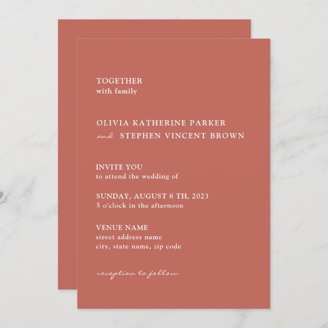 Invitation typographie Brown rouille Mariage moderne (Devant / Derrière)