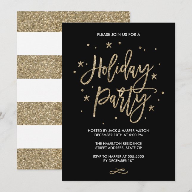 Invitation Typographie Chic Faux Gold Parties scintillant Fêt (Devant / Derrière)