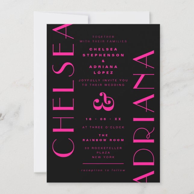 Invitation Typographie chic Mariage Art déco rose noir (Devant)