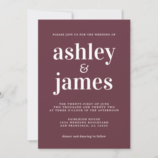 Invitation Typographie Chic Simple Mariage Bourgogne (Devant)