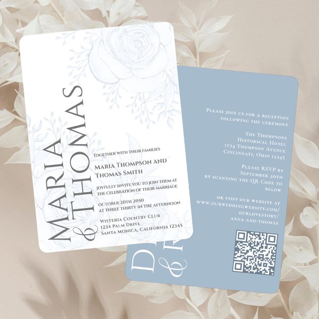 Invitation Typographie classique élégante en gras Dusty Blue  (Elegant blue floral wedding invitation with a modern typography and QR Code. )
