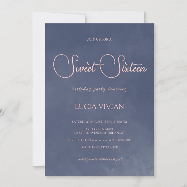 Invitation Typographie classique Marine Blue Smoke Sweet 16 (Devant)