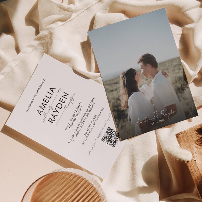 Invitation Typographie classique Script Photo QR Code Mariage (Créateur téléchargé)
