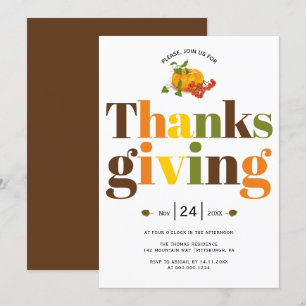 Invitation Typographie colorée citrouille Thanksgiving Invita