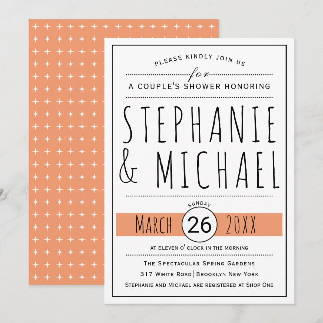 Invitation Typographie corail pêche mariage douche couple (Devant / Derrière)