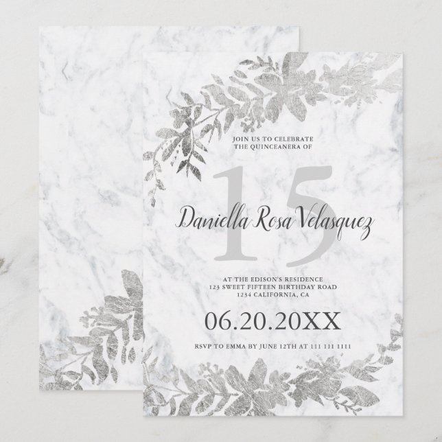 Invitation Typographie d'argent Quincennera de marbre blanc f (Devant / Derrière)