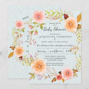 Invitation Typographie de Damas bleu et rose floral aquarelle
