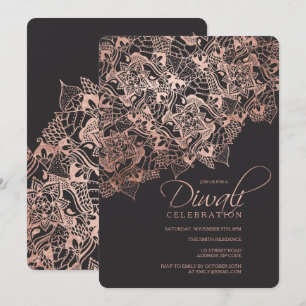Invitation Typographie de Diwali faux mandala d'or rose sur g