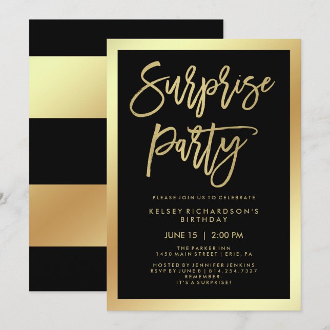 Invitation Typographie de Glam Faux et Black Surprise Party (Devant / Derrière)