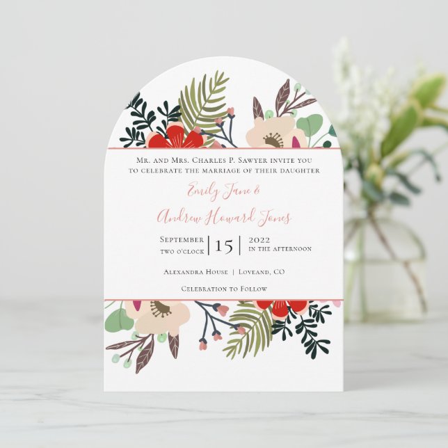 Invitation Typographie de la fougères florales rouge rose ble (Debout devant)