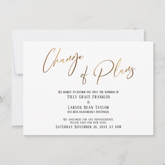 Invitation Typographie de l'or Changement de plans Mariage re (Devant)