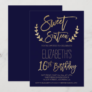 Invitation Typographie de l'or classique Sweet sixteen bleu m