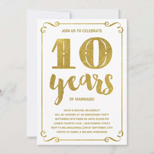 Invitation Typographie de l'or | Faux Foil 10e anniversaire (Devant)