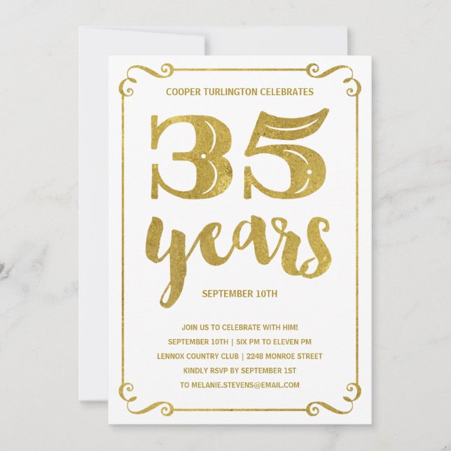 Invitation Typographie de l'or | Faux Foil 35e fête d'anniver (Devant)