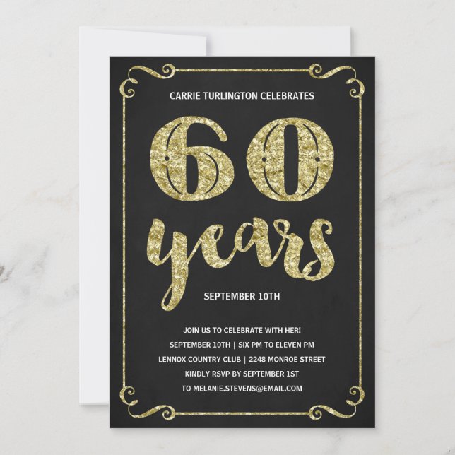 Invitation Typographie de l'or | Faux Foil 60e fête d'anniver (Devant)