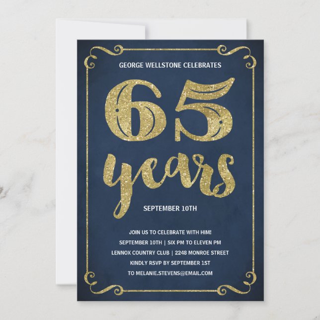 Invitation Typographie de l'or| Faux Foil 65e anniversaire (Devant)