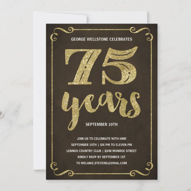 Invitation Typographie de l'or| Faux Foil 75e anniversaire (Devant)
