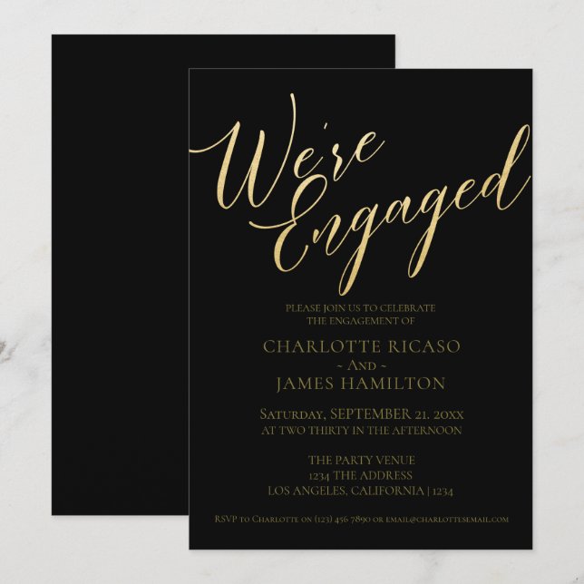 Invitation Typographie de l'or noir de la partie d'engagement (Devant / Derrière)