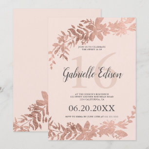 Invitation Typographie de l'or Rose Floral rose pâle Sweet 16