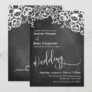 Invitation Typographie de mariage, dentelle blanche sur table